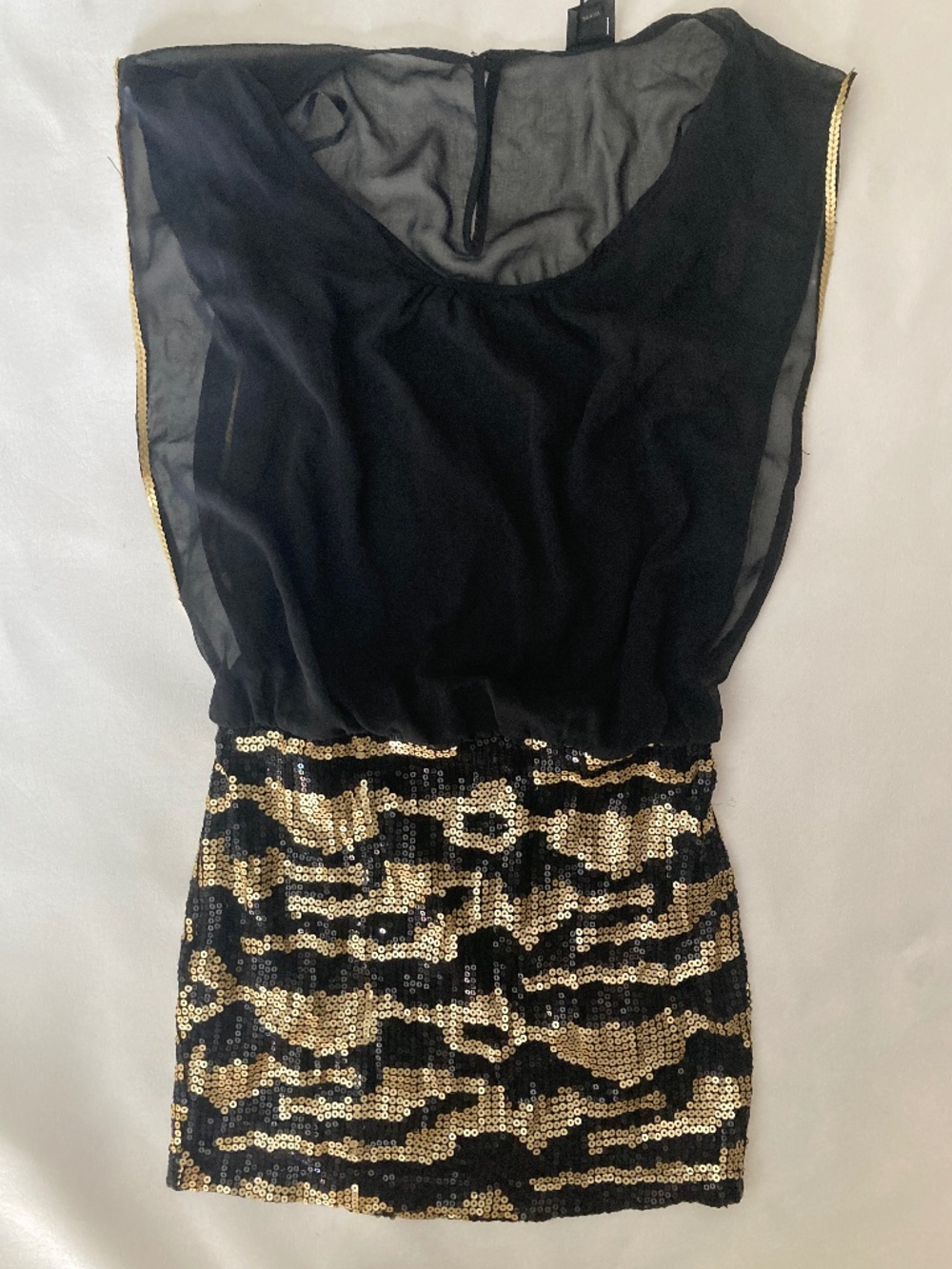 New Bebe 2b black sheer gold sequin party mini top dress